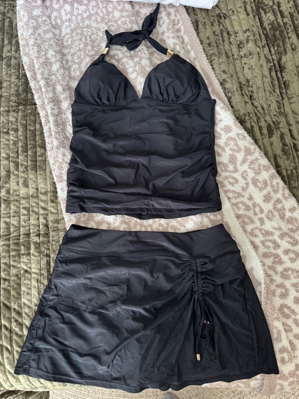 Black Tankini Halter Top & Swim Skirt Set